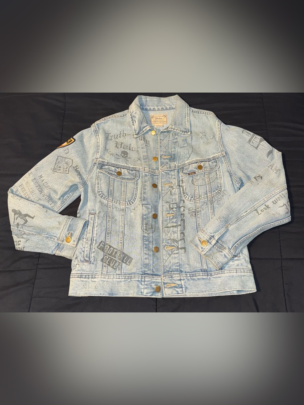 Men’s Vintage Denim Polo Ralph Lauren Jean Jacket Tattoo Print Size M